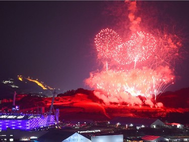 Fireworks light up the night sky outside the closing ceremony of the Pyeongchang 2018 Winter Olympic Games at the Pyeongchang Stadium on February 25, 2018.