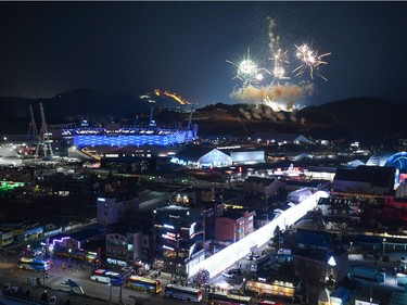 Fireworks light up the night sky outside the closing ceremony of the Pyeongchang 2018 Winter Olympic Games at the Pyeongchang Stadium on February 25, 2018.