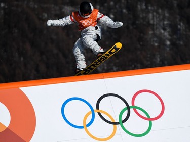 US Kyle Mack takes part in a snowboard slopestyle training session on February 8, 2018 at the Phoenix Park, on the eve of the opening ceremony of the Pyeongchang 2018 Winter Olympic Games.