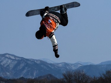 Canada's Sebastien Toutant takes part in a snowboard slopestyle training session on the eve of the Pyeongchang 2018 Winter Olympic Games at the Phoenix Park in Pyeongchang on February 8, 2018.