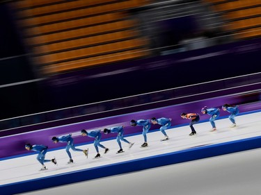 Athlete practice during a speed skating training session at the Gangneung Oval Arena during the 2018 Pyeongchang Winter Olympic Games in Gangneung on February 8, 2018.