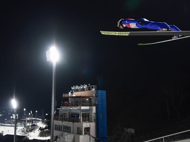 Germany's Richard Freitag competes in the men's normal hill individual ski jumping trial qualifying event during the Pyeongchang 2018 Winter Olympic Games on February 8, 2018, in Pyeongchang.