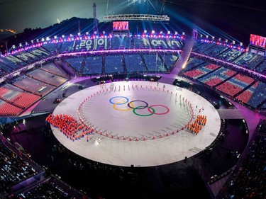 The Olympics rings during the opening ceremony of the Pyeongchang 2018 Winter Olympic Games at the Pyeongchang Stadium on February 9, 2018.