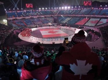 The Canada delegation parades during the opening ceremony of the Pyeongchang 2018 Winter Olympic Games at the Pyeongchang Stadium on February 9, 2018.
