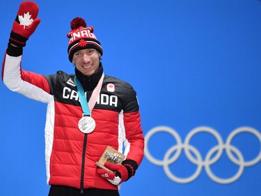 Canada's silver medallist Ted-Jan Bloemen poses on the podium during the medal ceremony for the men's 5000m speed skating at the Pyeongchang Medals Plaza during the Pyeongchang 2018 Winter Olympic Games in Pyeongchang on February 12, 2018.