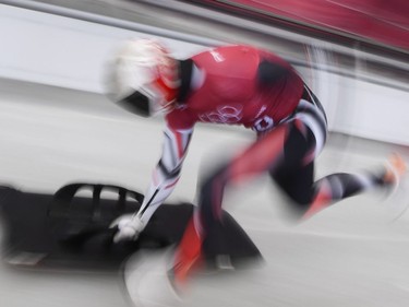 Canada's Barrett Martineau practices in the men's skeleton training session at the Olympic Sliding Centre, during the Pyeongchang 2018 Winter Olympic Games in Pyeongchang, on February 12, 2018.
