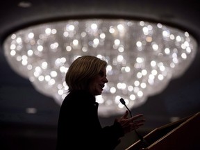 Alberta Premier Rachel Notley is silhouetted while speaking during the Greater Vancouver Board of Trade's annual Energy Forum in Vancouver in November.