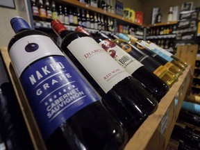 Bottles of British Columbia wine on display at a liquor store in Cremona, Alta., Wednesday, Feb. 7, 2018. The British Columbia government has launched a formal challenge against Alberta's ban on its wines.