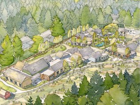 Artist watercolour illustration of The Village, a community specifically designed for up to 78 people with dementia. It's the first of its kind in Canada.