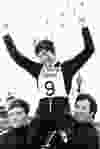 Nancy Greene acknowledges the cheers of the crowd after winning the women's giant slalom 15 February 1968 at the Winter Olympic Games in Chamrousse, near Grenoble.