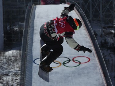 Mark McMorris of Canada practices in the men's big air snowboard during training at the Alpensia Ski Jumping Centre during at the 2018 Winter Olympics in South Korea, February 17, 2018.