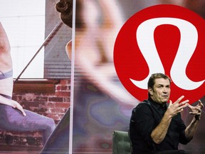 Laurent Potdevin, CEO of Lululemon, addresses the Gateway Conference in Toronto on Monday, September 25, 2017. Lululemon Athletica says its CEO left the company after failing to meet its standards of conduct.