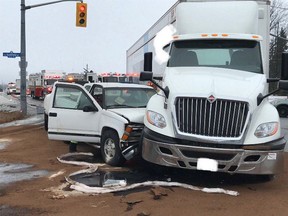 There were no serious injuries in this crash between a pickup truck and a transport truck on Bankfield Road and Prince of Wales Drive.