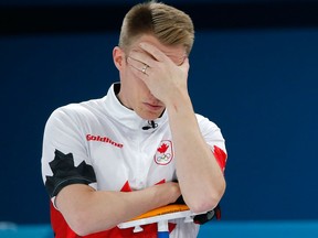 Marc Kennedy of Team Canada reacts during a round robin game against the U.S. at the Pyeongchang Olympics on Feb. 19, 2018