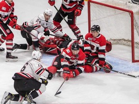 Ottawa 67's forward Sasha Chmelevski makes a save with his face during yesterday's win. Valerie Wutti Photo