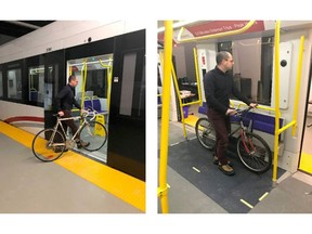 How bikes-on-a-train would work, using the LRT train mockup that was on display at Lansdowne (from staff presentation