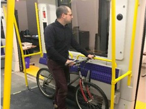 How bikes-on-a-train would work, using the LRT train mockup that was on display at Lansdowne (from staff presentation). Council voted 15-9 to allow bikes on Confederation Line trains at all hours of operation when the LRT line opens in November.