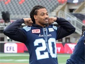 Rico Murray, then with the Argos, poses for a photo following practice during Grey Cup week in Ottawa in late November.