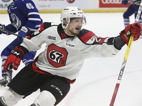 Ottawa 67's forward Tye Felhaber celebrates a goal in Mississauga.