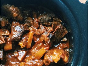 This January 2018 photo shows barbecue beer beef stew in New York. This dish is from a recipe by Katie Workman.
