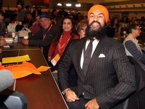Jagmeet Singh Leader of the NDP sits with delegates at the NDP convention in Ottawa, Friday, February 16, 2018.THE CANADIAN PRESS/Fred Chartrand