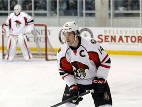 Binghamton Senators Captain Mike Blunden waits for a pass while practising in Belleville, Ont. Tuesday, Feb. 21, 2017. His brother, Stephen, played for the Ontario Hockey League Belleville Bulls and now plays in Australia.