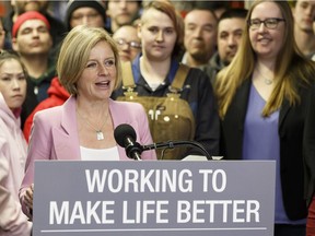 Premier Rachel Notley speaks in front of Trade Winds to Success students about Alberta's dispute over the Kinder Morgan Transmountain pipeline with British Columbia during a press conference at Alberta Pipe Trades College in Edmonton, Alberta on Friday, Feb. 16, 2018. Photo by Ian Kucerak / Postmedia