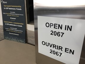 The City of Ottawa will install a time capsule in a wall at city hall on Tuesday, Feb. 20, 2018 during a Heritage Day event. The time capsule, which is a big metal box, will be opened in 2067, 50 years after the 2017 celebrations that marked Canada's 150th birthday. The time capsule was on display Monday in the city hall rotunda.