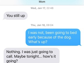 A screenshot of a text message from columnist Tyler Dawson's mom – we've all been there, receiving that heart-stopping text message.