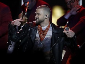 Justin Timberlake performs during halftime of the NFL Super Bowl 52 football game between the Philadelphia Eagles and the New England Patriots Sunday, Feb. 4, 2018, in Minneapolis. (AP Photo/Matt Slocum)