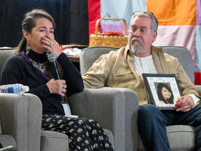 Pam Fillier is supported by her husband Fred Fillier at the National Inquiry into Missing and Murdered Indigenous Women and Girls in Moncton, N.B. on Feb. 13, 2018. Fillier's daughter Hilary Bonnell, was found dead two months after she vanished from the Esgenoopetitj First Nation in 2009.