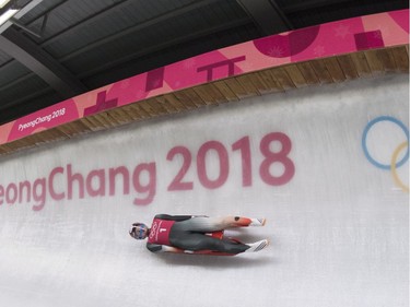 Canadian luge athlete Brooke Apshkruum takes part in a training run at the Olympic sliding centre prior to the start of the Pyeongchang 2018 Winter Olympic Games in South Korea, Thursday, Feb. 8, 2018.