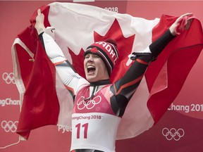 Canadian luger Alex Gough, of Calgary celebrates winning a bronze medal in women's luge at the Olympic Siding Centre at he Pyeongchang 2018 Winter Olympic Games in South Korea, Tuesday, Feb. 13, 2018.
