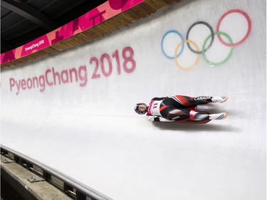 Alex Gough of Canada competes in heat two of women's single luge during the 2018 Olympic Winter Games in Pyeongchang, South Korea on Monday, February 12, 2018.