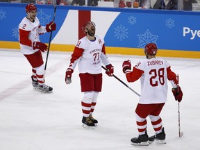 Russian athlete Ilya Kovalchuk (71) reacts after scoring a goal against the Czech Republic during the third period of the semifinal round of the men's hockey game at the 2018 Winter Olympics in Gangneung, South Korea, Friday, Feb. 23, 2018. Olympic Athletes from Russia won 3-0.