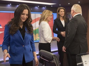 Ontario Conservative party leadership candidates, from left,  Tanya Granic Allen, Christine Elliott, Caroline Mulroney and Doug Ford are seen in TVO studios in Toronto on Thursday, February 15, 2018 following a televised debate.