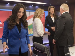 Ontario Conservative party leadership candidates, from left,  Tanya Granic Allen, Christine Elliott, Caroline Mulroney and Doug Ford are seen in TVO studios in Toronto on Feb. 15.