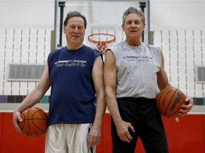 Jeff Pleet, left, and Geoff Gruson, both in their 60s, weren't about to let double bypass heart surgery or the removal of a cancerous bladder keep them off the basketball court.