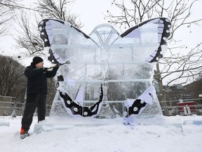 Alex Majdaniw from the Canadian Ice Carvers Society works on an ice sculpture in Confederation Park in Ottawa Thursday Feb 1, 2018. Alex was preparing for the opening of Winterlude which starts in Ottawa Friday.