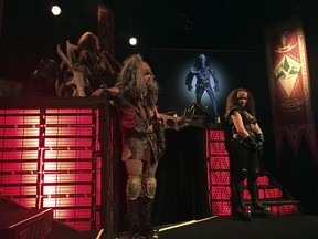 In this photo taken in Stockholm on Saturday, Feb. 3 2018, 'Klingon ambassadors' hold a presentation of Klingon culture. A theater in Stockholm is playing host to a Klingon delegation seeking to promote tourism to Qo'nos (pronounced "Kronos"), the home planet of the ruthless yet honorable race of warriors from the cult TV franchise "Star Trek."