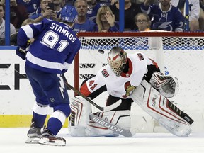 Tampa Bay Lightning center Steven Stamkos (91) fires the puck past Ottawa Senators goalie Craig Anderson (41) for a shootout goal during a game in December