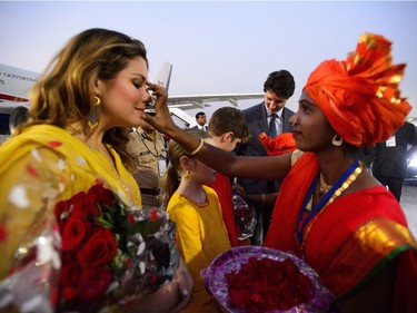 Prime Minister Justin Trudeau and wife Sophie Gregoire Trudeau, and children, Xavier, 10, Ella-Grace, 9, and Hadrien, 3, arrive in Mumbai, India on Monday, Feb. 19, 2018.