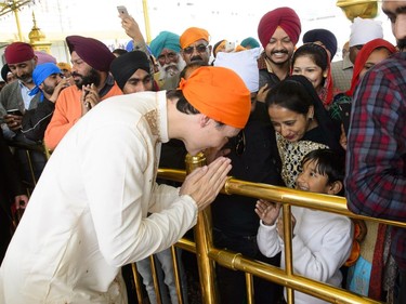 Prime Minister Justin Trudeau is greeted by crowds as he visits the Golden Temple in Amritsar, India on Wednesday, Feb. 21, 2018.