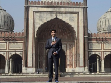 Prime Minister Justin Trudeau visits the Jama Masjid Mosque in New Delhi, India on Thursday, Feb. 22, 2018. Trudeau's turbulent trip to India is drawing domestic political criticism and raising eyebrows internationally as the Prime Minister's Office deals with the fallout of its botched party invitation to a convicted attempted murderer.