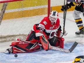 67's starting goalie Olivier Tremblay was replaced by Cédrick Andrée after allowing three goals on seven shots in the first period of Saturday's game at Owen Sound. Valerie Wutti/Blitzen Photography/Files