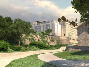 A view, from the canal, of the latest proposal for an addition to the Château Laurier.