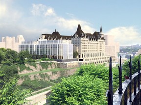 A view, from Parliament Hill, of the latest proposal for an addition to the Chateau Laurier.