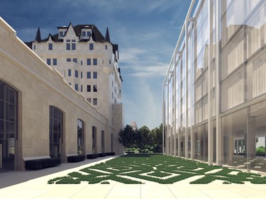 A view, from the courtyard outside the ballroom, of the latest proposal for an addition to the Château Laurier.