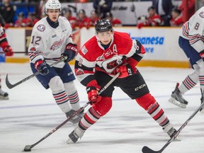 67's centre Sasha Chmelevski prepares to shoot the puck at the Generals net during the first period of Saturday's game. Valerie Wutti/Blitzen Photography/OSEG