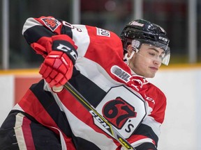 Defenceman Merrick Rippon scored one goal and had assists on two more for the 67's against the Knights on Friday. Valerie Wutti/Blitzen Photography/OSEG